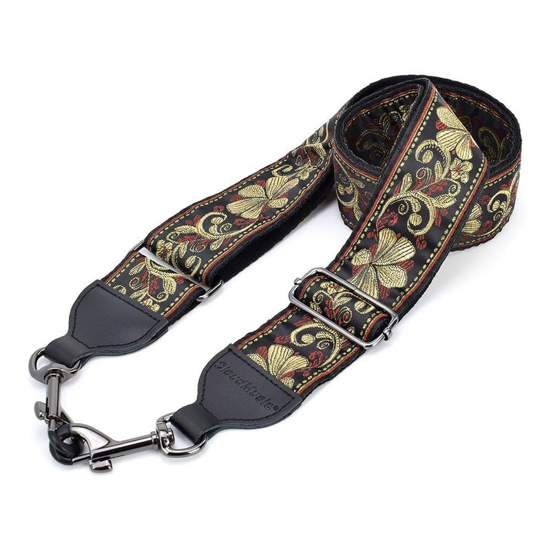 CLOUDMUSIC Banjo Strap Guitar Strap For Handbag Purse Jacquard Metallic Thread Pattern With Leather Ends And Metal Clips(Vintage Glittering Petal) - Image 4